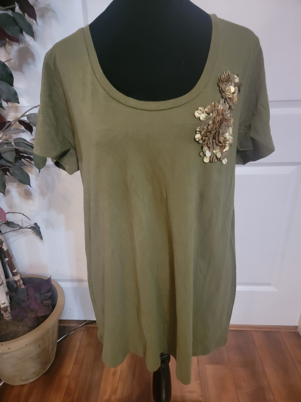 Merona Olive Green Short Sleeve Tee with Floral Sequin Accent